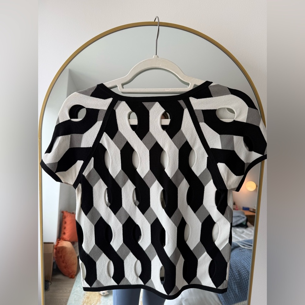 rag & bone Black White Gray Geometric Cutout Short Sleeve Top - Picture 2 of 4